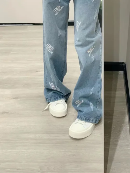 Balenciaga Denim Rhinestone Logo Wide-Leg Jeans