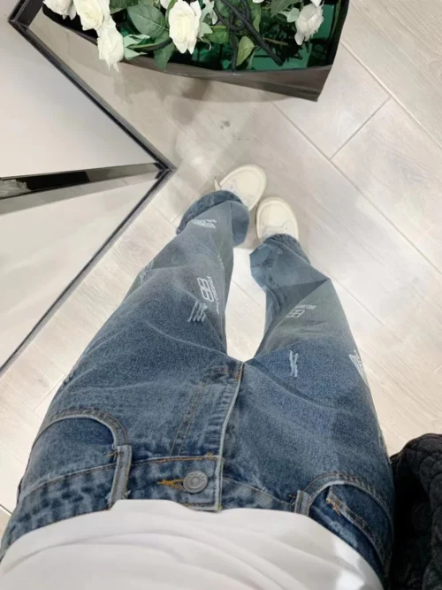 Balenciaga Denim Rhinestone Logo Wide-Leg Jeans