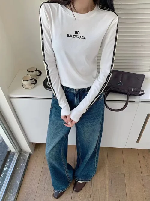 Balenciaga Embroidered Striped Cropped T-Shirt