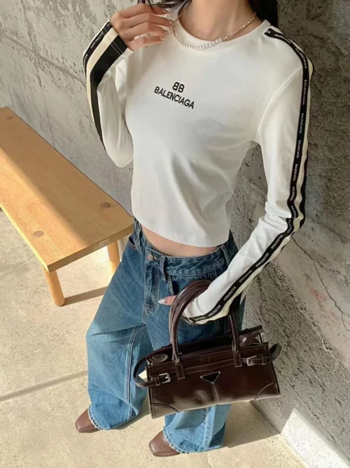 Balenciaga Embroidered Striped Cropped T-Shirt