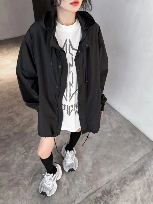 Balenciaga Printed Hooded Trench Jacket