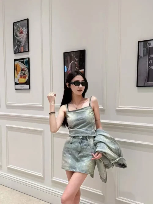 Balenciaga Denim Rhinestone Two-Piece Set