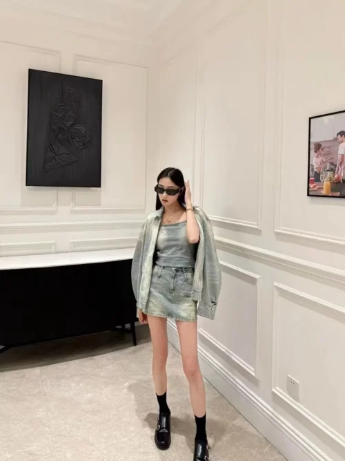 Balenciaga Denim Rhinestone Two-Piece Set