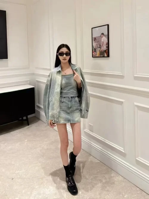 Balenciaga Denim Rhinestone Two-Piece Set