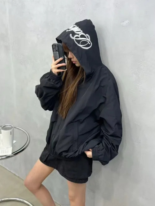 Balenciaga Embroidered Hooded Zip-Up Trench Jacket