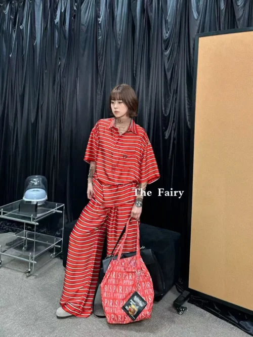 Balenciaga Colorblock Striped Wide-Leg T-Shirt and Pants Set