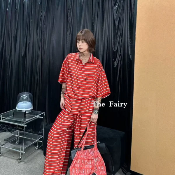 CLBAL0070-01 Balenciaga Colorblock Striped Wide-Leg T-Shirt and Pants Set