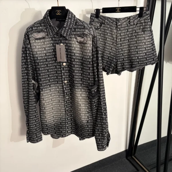 CLBAL0084-01 Balenciaga Denim Printed Jacket and Shorts Set