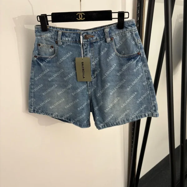 CLBAL0087-01 Balenciaga Denim All-Over Print Logo Shorts