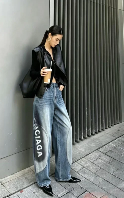 Balenciaga Denim Printed Wide-Leg Jeans
