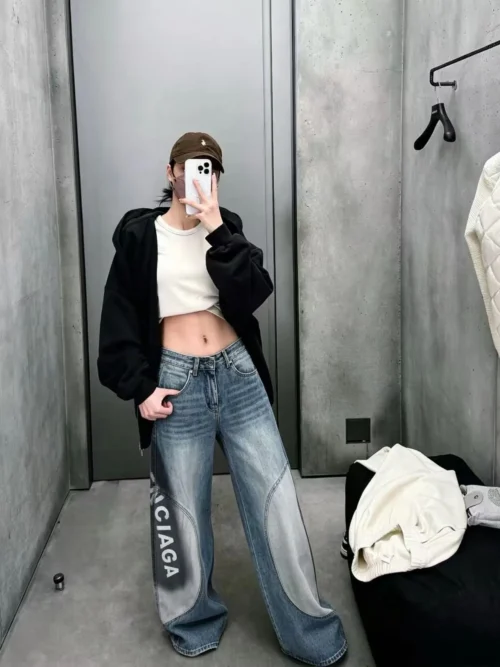 Balenciaga Denim Printed Wide-Leg Jeans