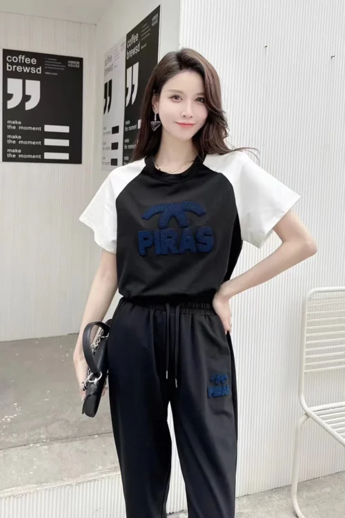 Chanel Embroidered Flocked Colorblock Drawstring T-Shirt and Pants Set
