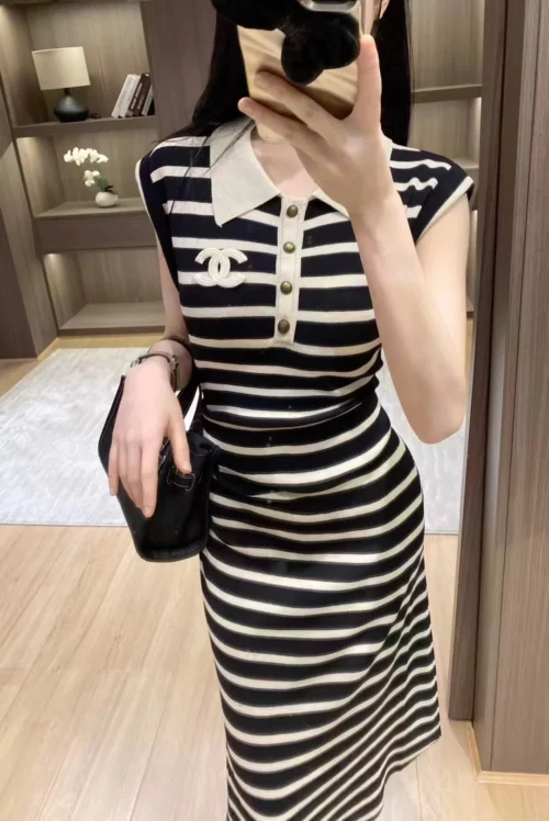 Chanel Embroidered Colorblock Striped Collared Knit Vest Dress
