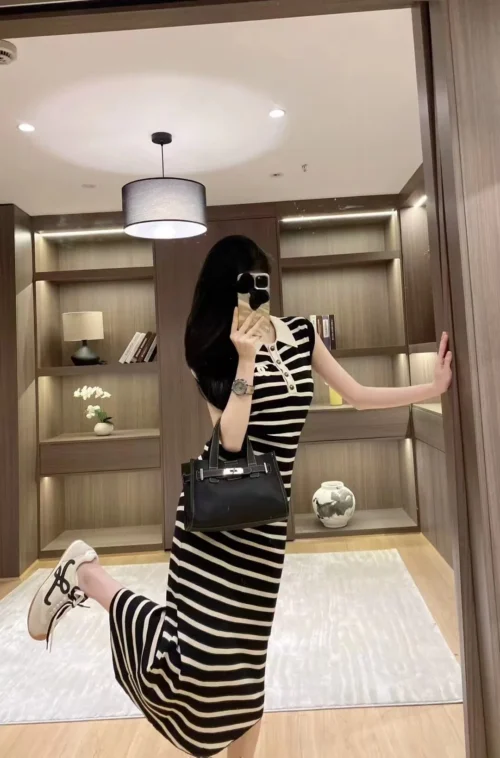 Chanel Embroidered Colorblock Striped Collared Knit Vest Dress