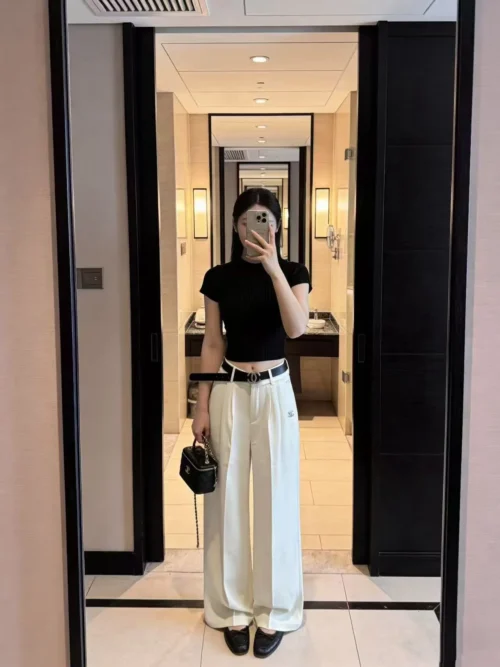 Chanel High-Waist Logo Wide-Leg Pants