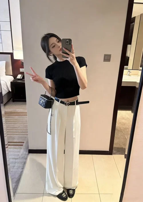 Chanel High-Waist Logo Wide-Leg Pants