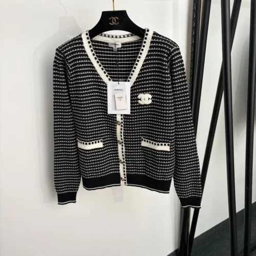 Chanel Embroidered Striped V-Neck Cardigan
