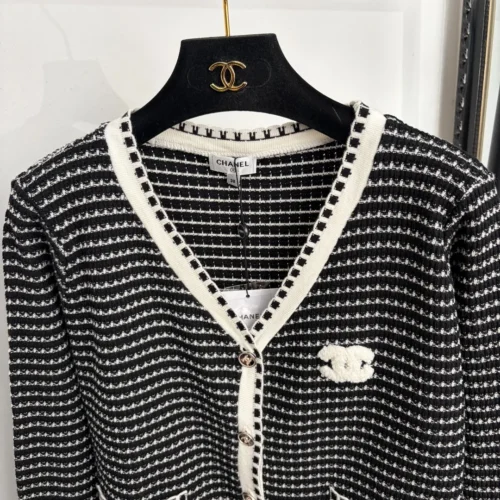 Chanel Embroidered Striped V-Neck Cardigan