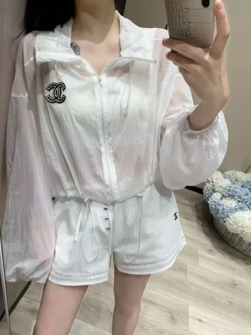 Chanel Cutout Embroidered Drawstring Jacket and Shorts Set
