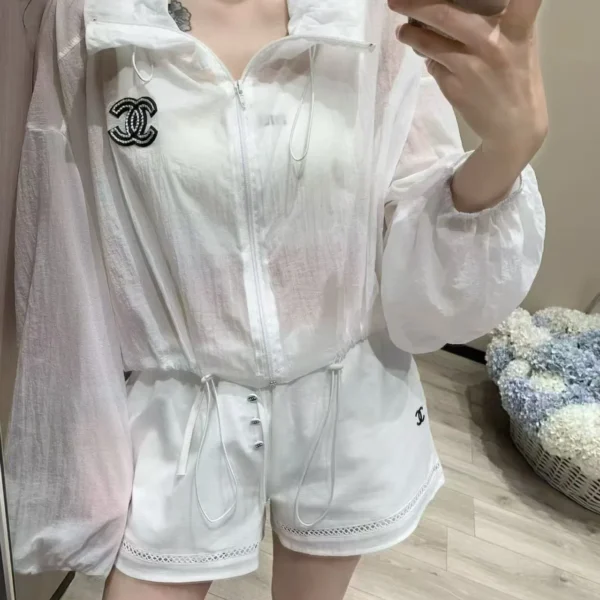 Chanel Cutout Embroidered Drawstring Jacket and Shorts Set