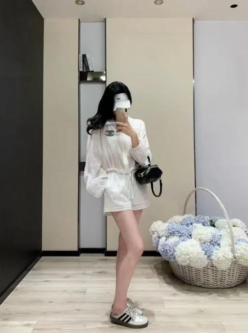 Chanel Cutout Embroidered Drawstring Jacket and Shorts Set