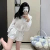 Chanel Cutout Embroidered Drawstring Jacket and Shorts Set
