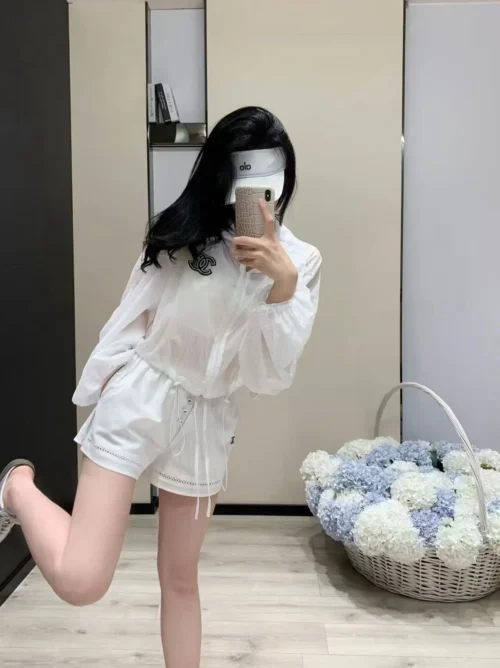Chanel Cutout Embroidered Drawstring Jacket and Shorts Set