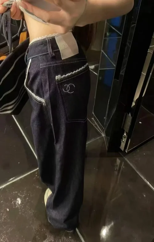 Chanel Denim Lace High-Waist Wide-Leg Jeans