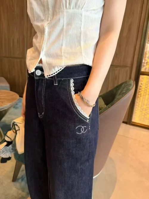 Chanel Denim Lace High-Waist Wide-Leg Jeans