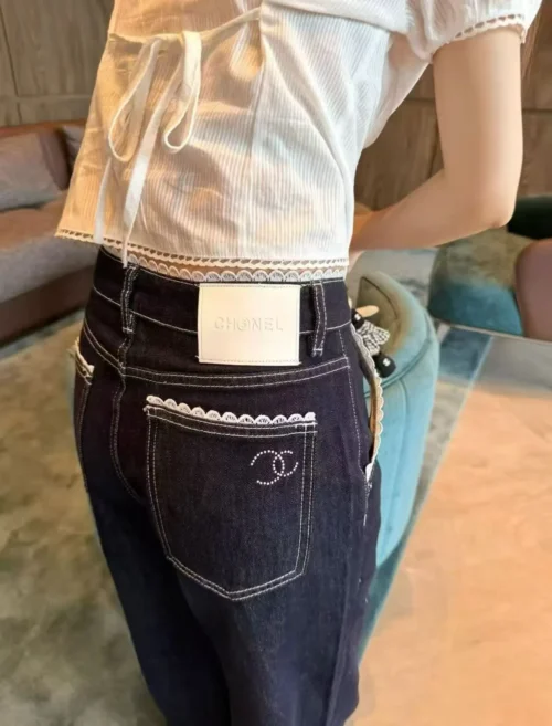 Chanel Denim Lace High-Waist Wide-Leg Jeans