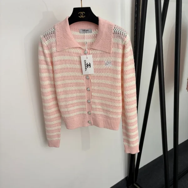 Chanel Cutout Embroidered Striped Collared Cardigan