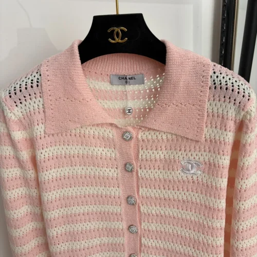 Chanel Cutout Embroidered Striped Collared Cardigan