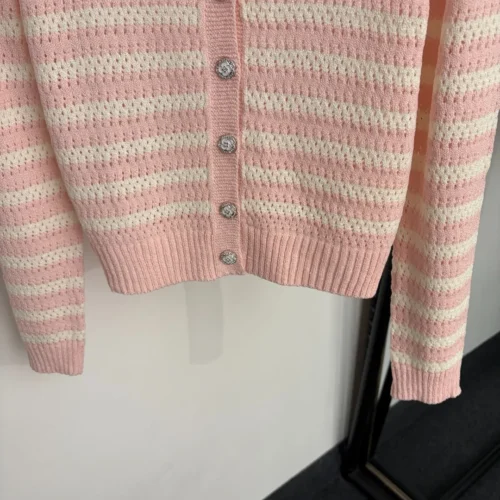 Chanel Cutout Embroidered Striped Collared Cardigan