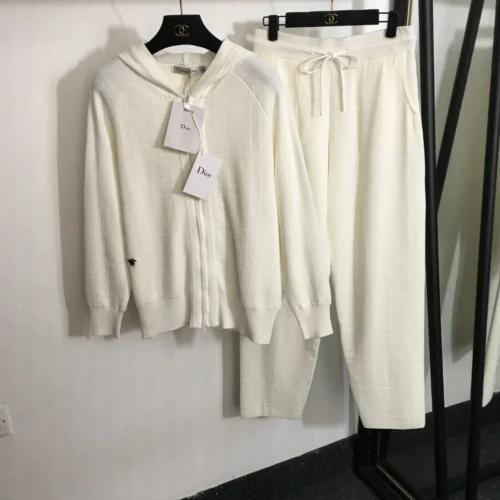 Dior Cashmere Embroidered Hooded Zip-Up Knit Jacket and Pants Set