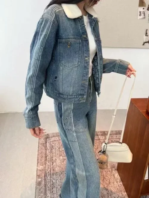 Dior Denim Monogram Striped Jacket and Pants Set