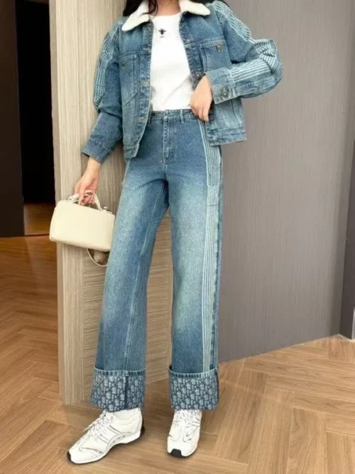 Dior Denim Monogram Striped Jacket and Pants Set