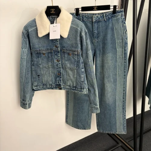 Dior Denim Monogram Striped Jacket and Pants Set