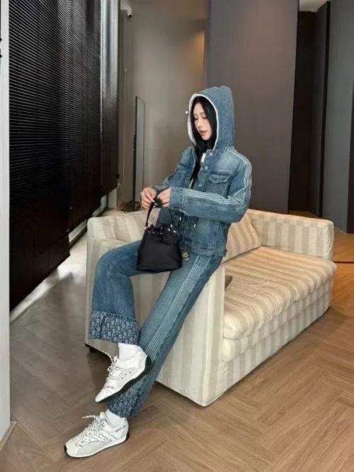 Dior Denim Monogram Striped Hooded Jacket and Pants Set
