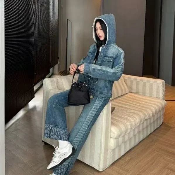 CLDIOR0049-01 Dior Denim Monogram Striped Hooded Jacket and Pants Set