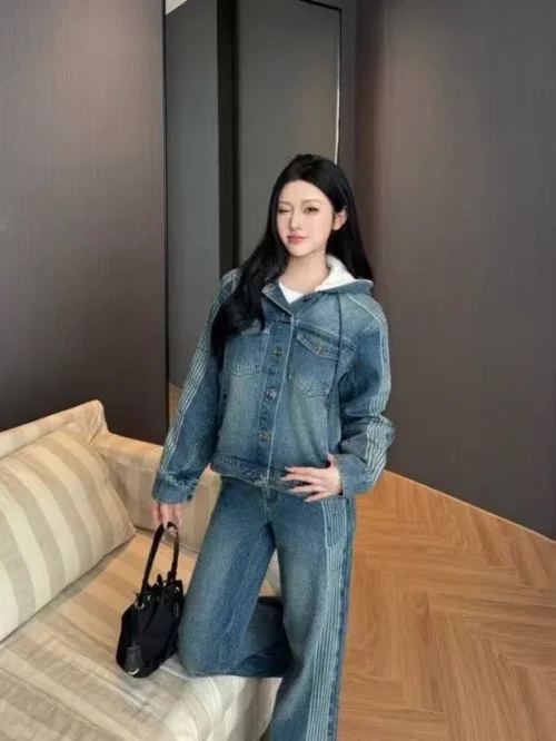Dior Denim Monogram Striped Hooded Jacket and Pants Set
