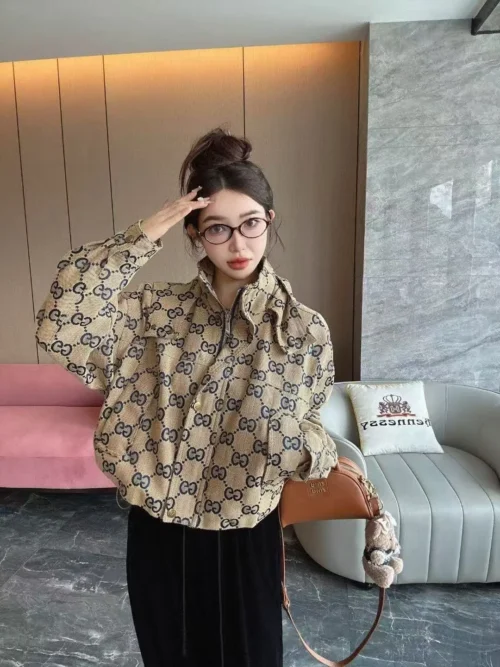 Gucci Jacquard Monogram Hooded Cropped Trench Jacket