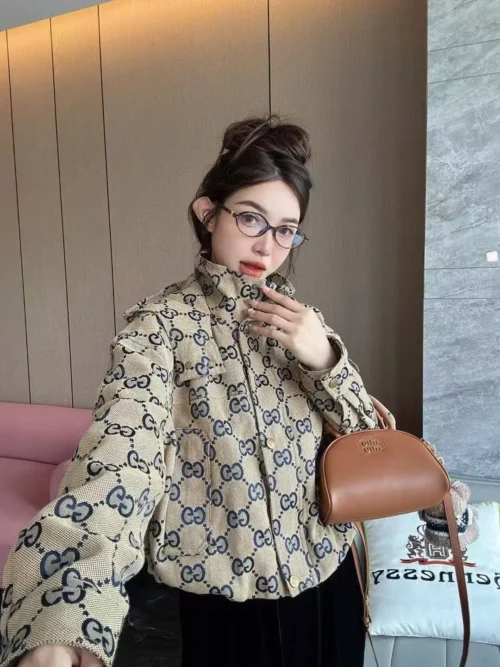 Gucci Jacquard Monogram Hooded Cropped Trench Jacket