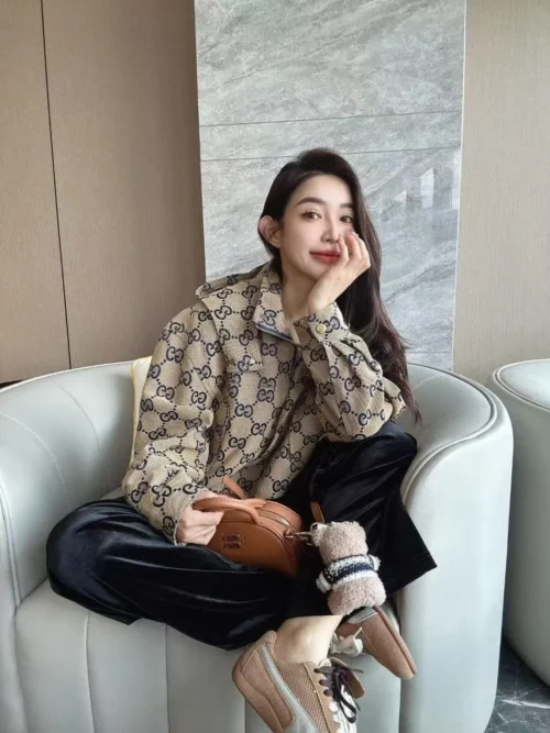 Gucci Jacquard Monogram Hooded Cropped Trench Jacket