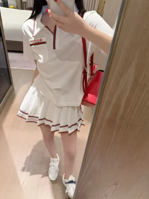 Gucci Embroidered Striped Pleated T-Shirt and Skirt Set
