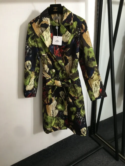 Hermes Printed Collared Tie-Waist Trench Jacket