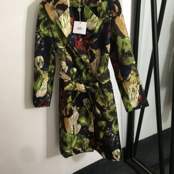 CLHERMES0012-01 Hermes Printed Collared Tie-Waist Trench Jacket