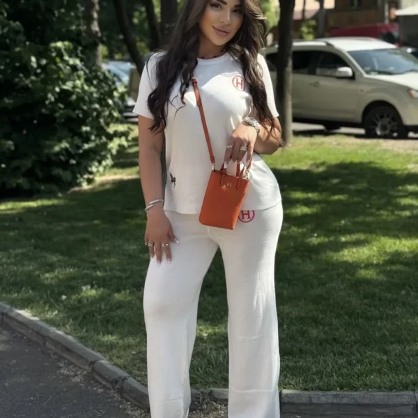 CLHERMES0017-01 Hermes Embroidered Wide-Leg T-Shirt and Pants Set
