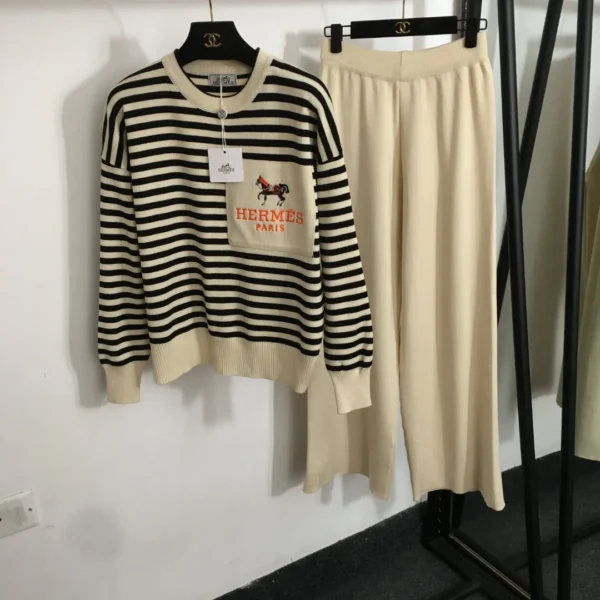 CLHERMES0020-01 Hermes Embroidered Striped Wide-Leg Knit Jacket and Pants Set