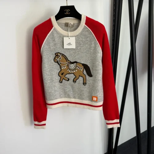 Hermes Embroidered Rhinestone Colorblock Knit Sweater