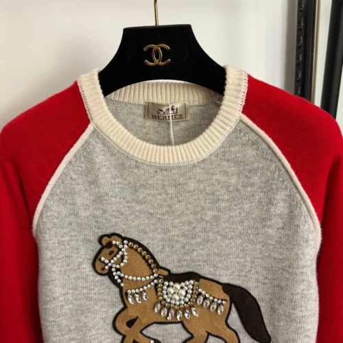 Hermes Embroidered Rhinestone Colorblock Knit Sweater